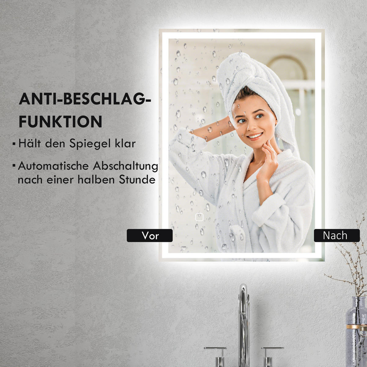 BADSPIEGEL, mit LED-Leuchte, 70 x 50 cm, beschlagfrei, mit Touchschalter, IP44 - Silberfarben, Glas (70/4/50cm) - HOMCOM