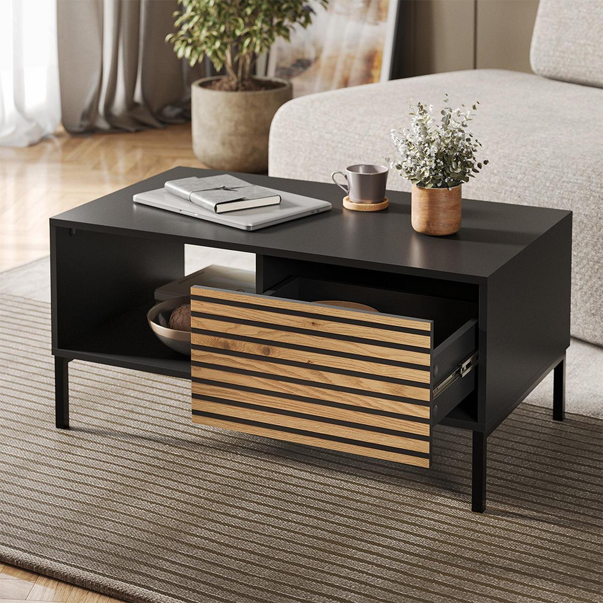 COUCHTISCH Eliza Schwarz/Eiche 90 x 50 cm mit einer Schublade - Anthrazit/Eiche Wotan, Holzwerkstoff (50/90/45cm) - Vicco