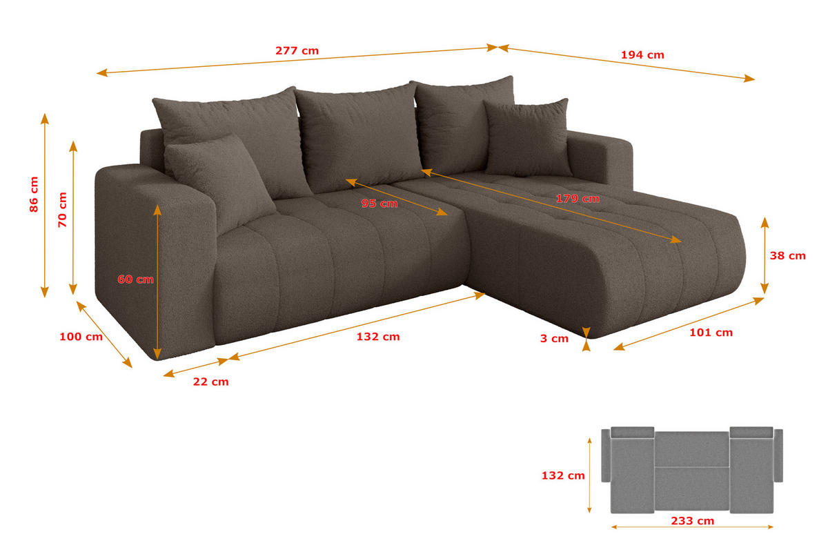 ROHOVÁ SEDAČKA s funkcí spaní, otoman vpravo MILA-L 277x194x86 hnědá bouclé - černá/hnědá, kompozitní dřevo/textil (277/194cm) - ALTDECOR