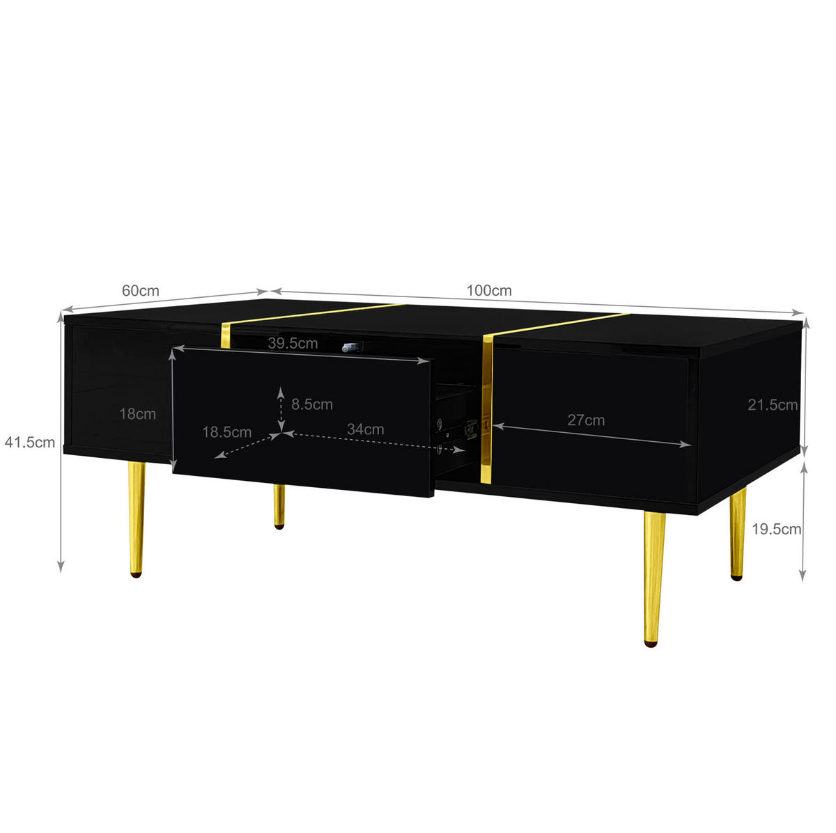 COUCHTISCH mit 2 Schubladen 100 x 60 cm MDF Schwarz Hochglanz - Schwarz, Metall (100/60/41.5cm) - Meubliv