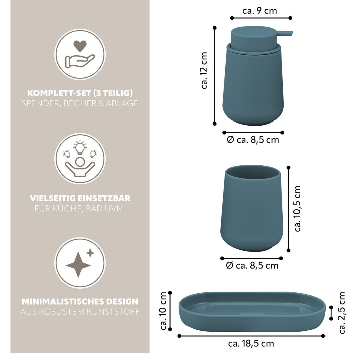 BAD-ACCESSOIRES-SET TESERO 3tlg., Soft-Touch, blau - Blau, Kunststoff (8.5/12/9cm) - eluno