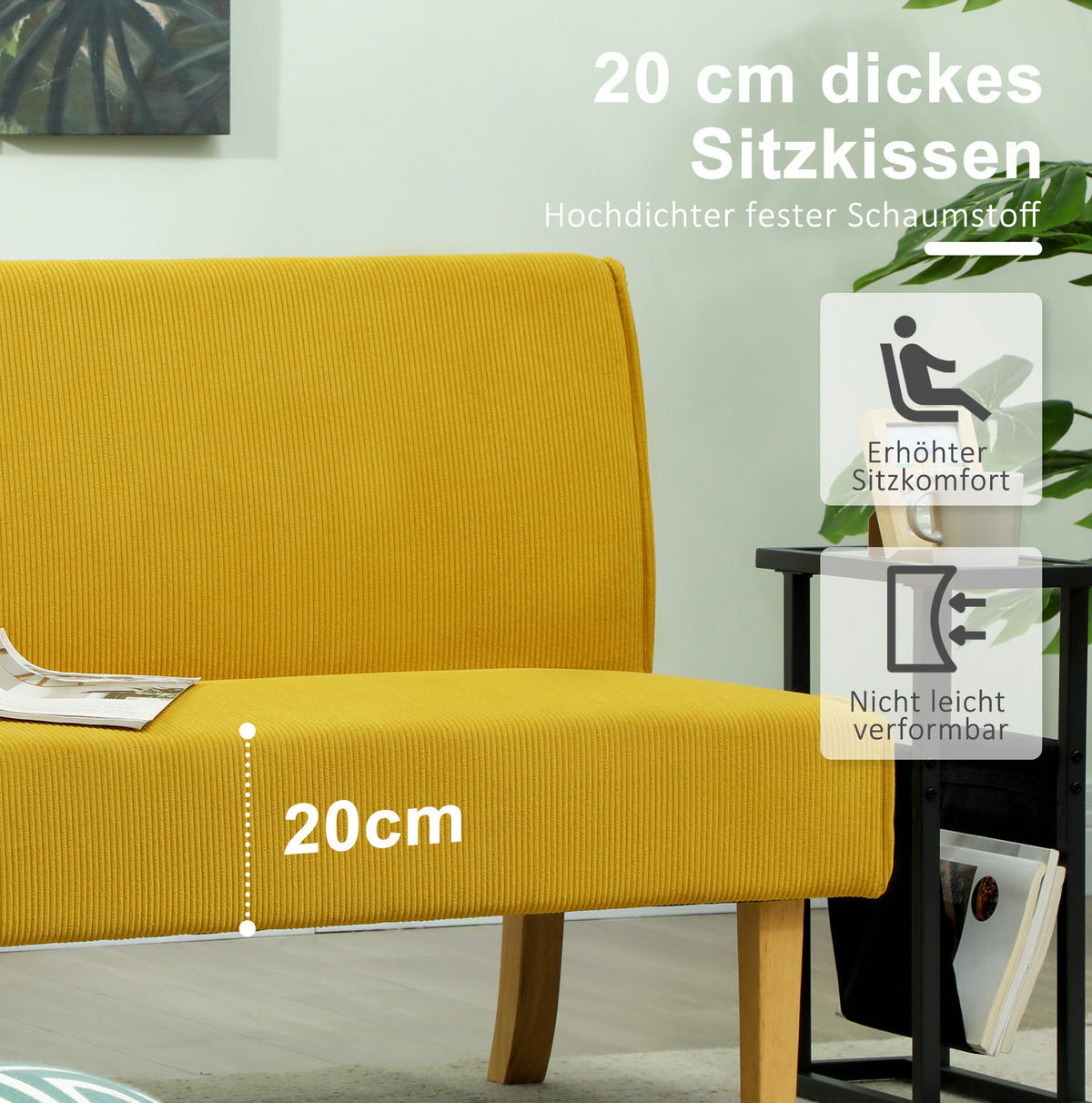 DVOJSEDAČKA 110/62/85 cm žlutá z polyesteru s manšestrovým vzhledem - žlutá, textil (62/85/110cm) - OKWISH