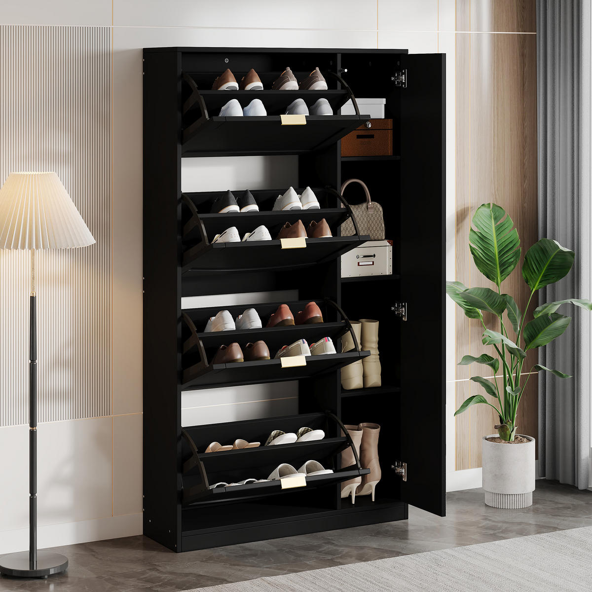 SCHUHSCHRANK aus Spanplatte 80x24x147cm in Schwarz mit Spiegeltüren - Schwarz, Holzwerkstoff (80/147/24cm) - Modfu