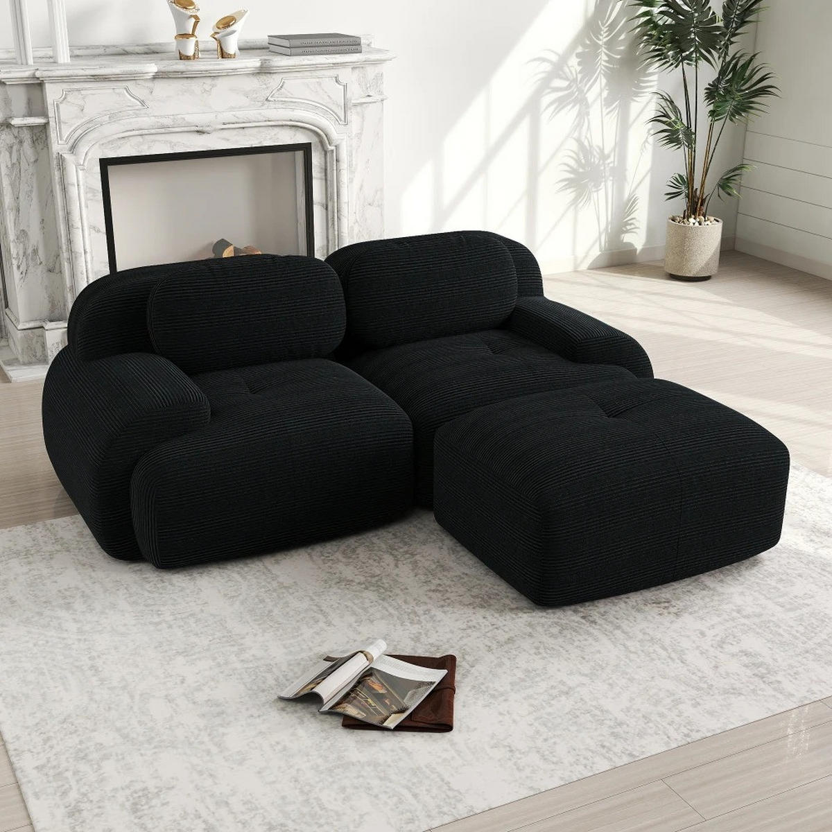 ECKSOFA aus weichem Kordelstoff, modular kombiniert mit gebogenen Armlehnen, Schwarz - Schwarz, Textil (208/70/178cm) - Kaket