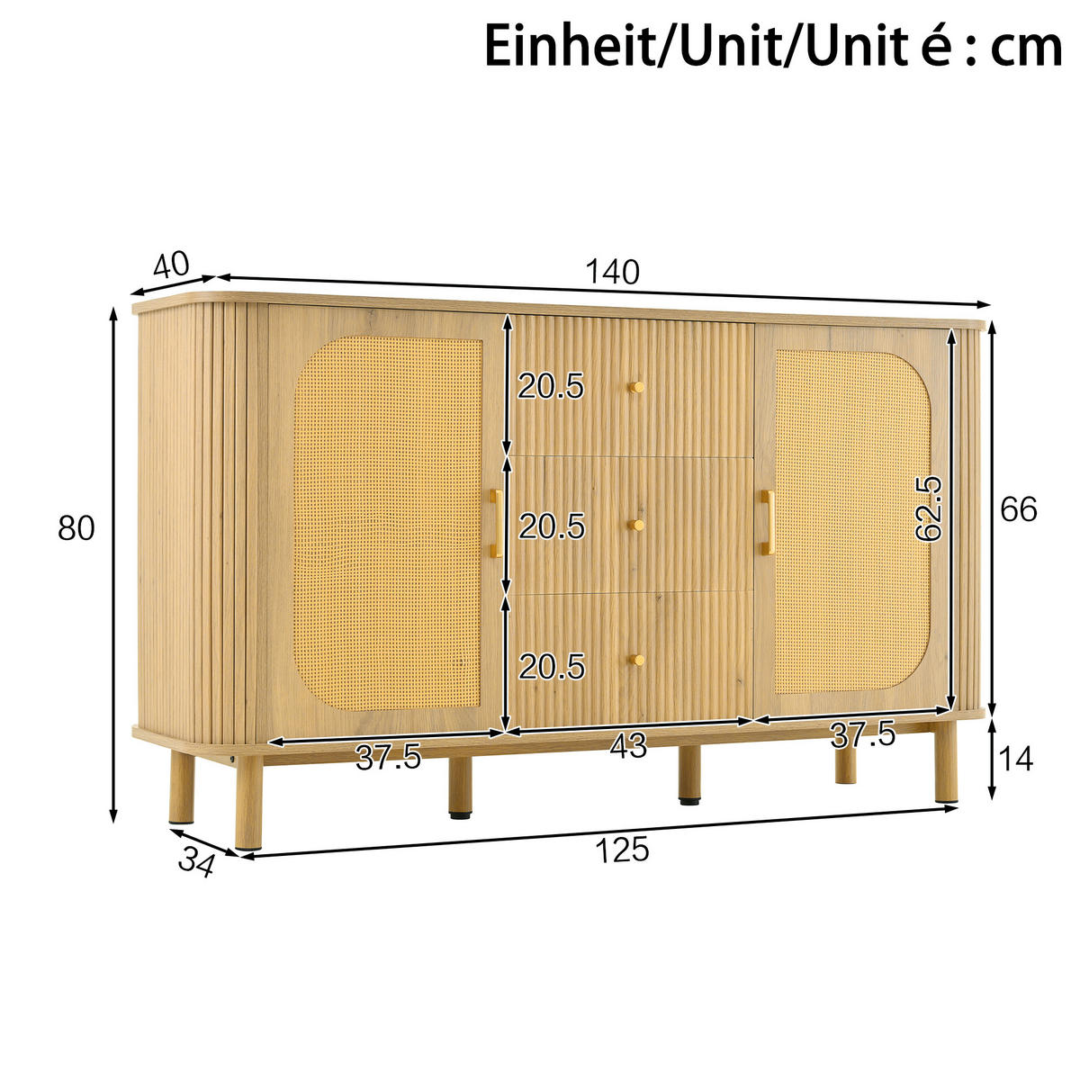 SIDEBOARD in Natur mit Rattan-Türen und gewellten Schubladen, MDF, Metallbeine mit Holzmaserung, 140/40/80 cm,Naturfarben - Naturfarben, Holzwerkstoff (140/80/40cm) - Redom