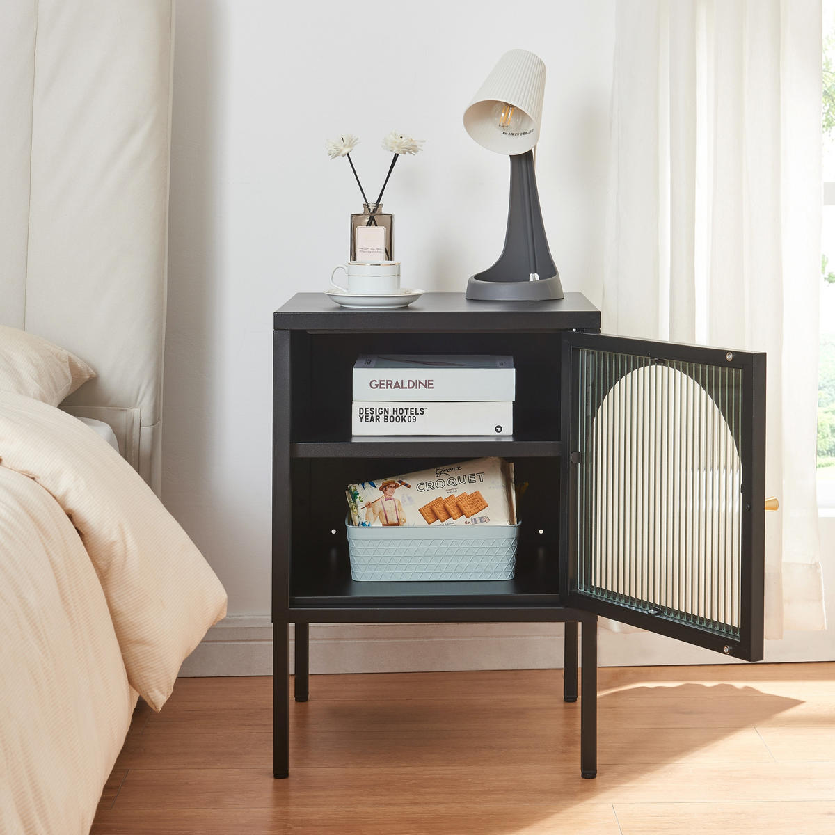 NACHTSCHRANK Karlskrona - Schwarz, Glas/Metall (42.5/60/40cm) - [en.casa]