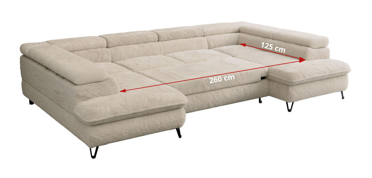 WOHNLANDSCHAFT PETER U Plüsch Ecru - Ecru/Schwarz, Textil/Metall (346/76/208cm) - MKS