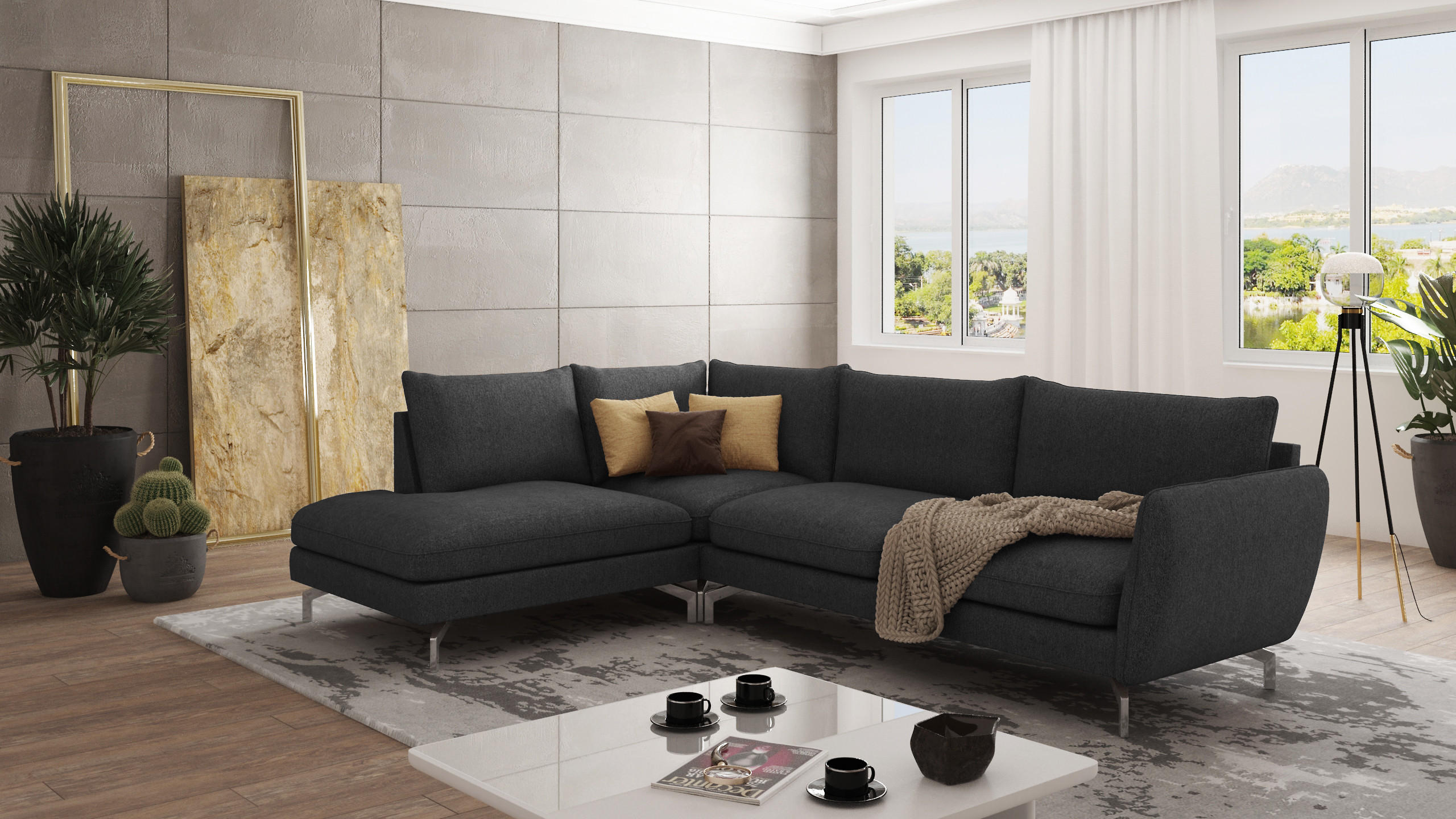 ECKSOFA Elou Graphit Microfaser - Chromfarben/Graphitfarben, Holz/Textil (277/200cm) - S-Style Möbel