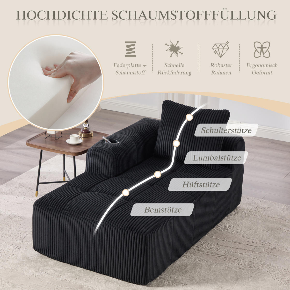 SOFA Cord mit Seitenfächern und Becherhaltern 158/93/61 cm Schwarz - Schwarz, Textil (93/61/158cm) - Redom