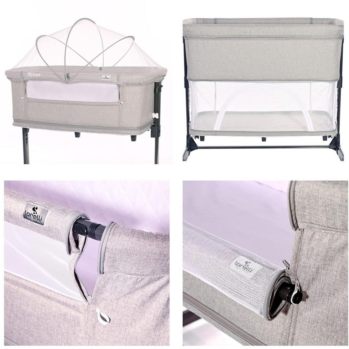 BEISTELLBETT Milano 2 in 1 grau 88 x 50 cm, Matratze, Laufstall, Moskitonetz, 5-fach verstellbar - Grau, Metall (50/88cm) - Lorelli