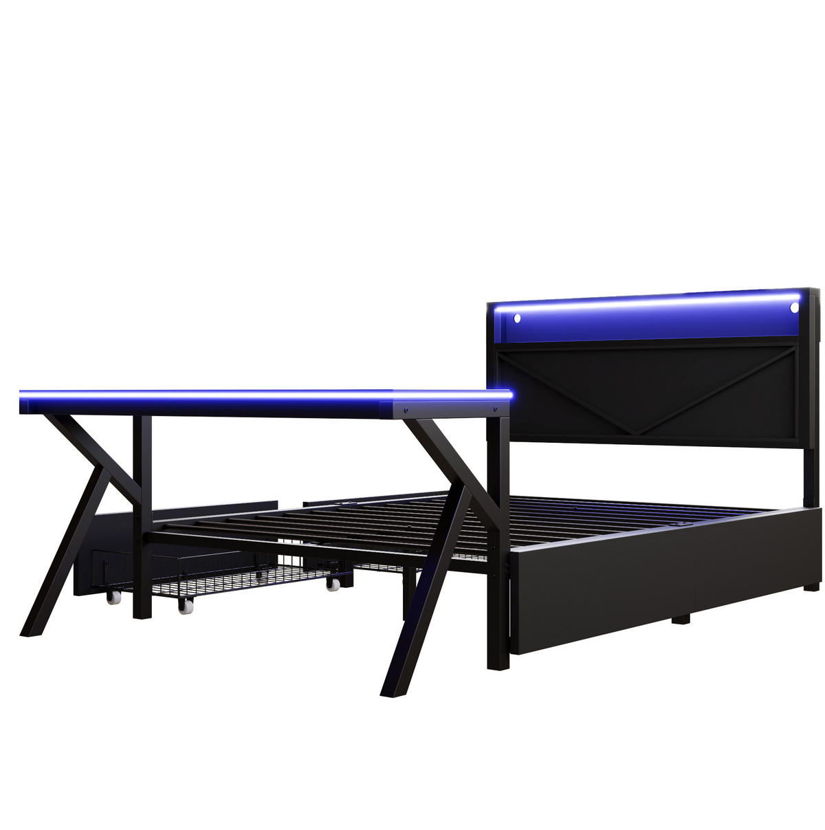 PATROVÁ postel 140/200 cm černá z MDF a kovu s LED čelem, LED stolem a zásuvkami - černá, kompozitní dřevo (140/200cm) - OKWISH