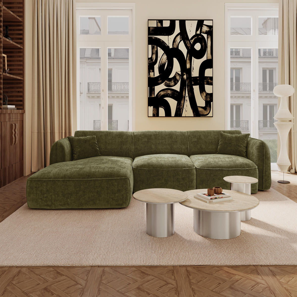 ECKSOFA (links) LOMI Geprägter Samt Vintage-Grün 272cm - Dunkelgrün/Grün, Textil (272/90cm) - Premium Interiors