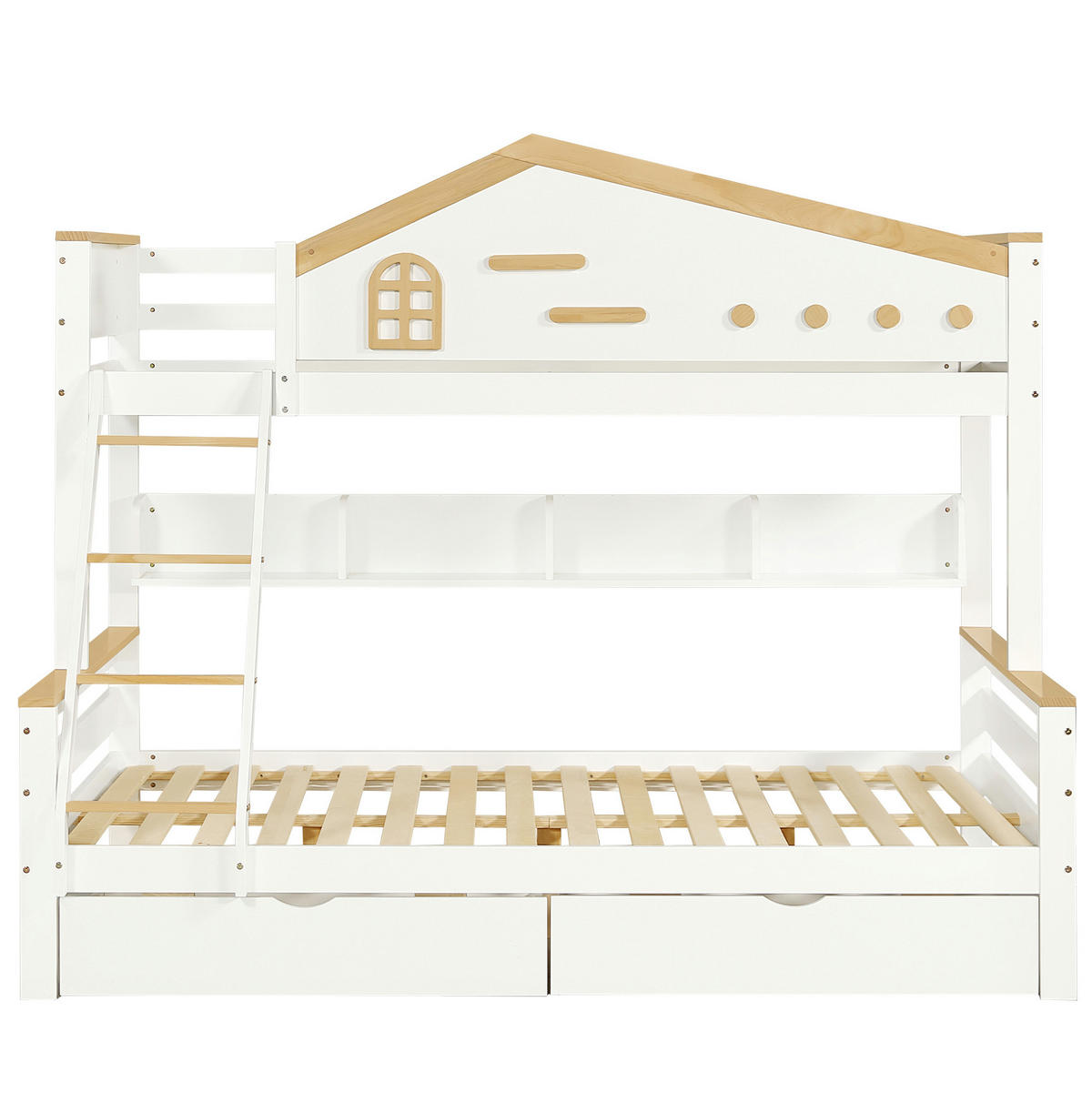ETAGENBETT aus Kiefer und MDF 90x200/140x200 cm Weiß/Natur mit Schubladen, Regal und vierstufiger Schrägleiter - Weiß, Holzwerkstoff (90/200cm) - Modfu