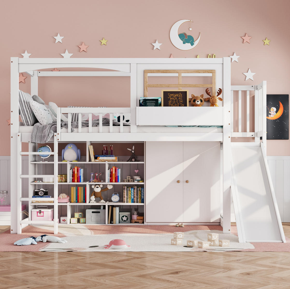 HOCHBETT 90/200 cm in Weiß/Natur mit Rutsche und Kleiderschrank - Weiß, Holzwerkstoff (90/200cm) - Flora Grace
