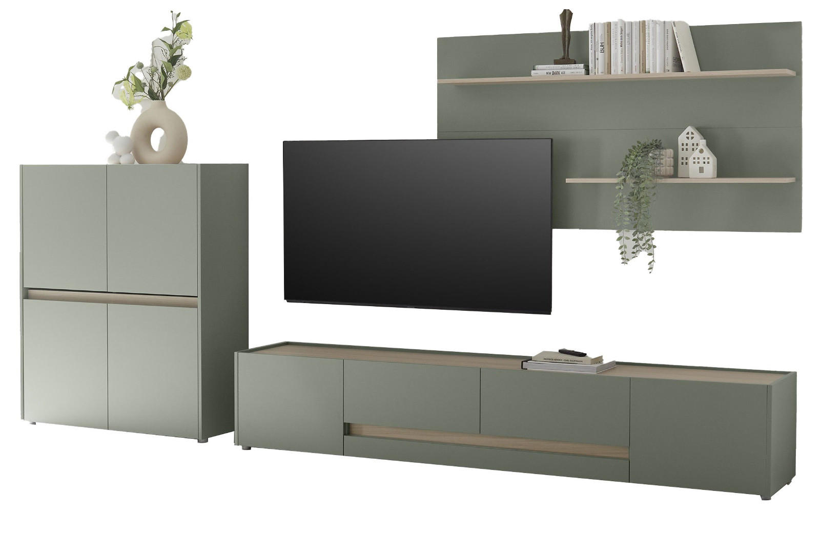 WOHNWAND 3-teilig Salbei grün, Barista Eiche 343 cm, Wohnkombination in modernem Design - Salbeigrün/Eichefarben, Holzwerkstoff/Kunststoff (343/180/45cm) - Furn.Design