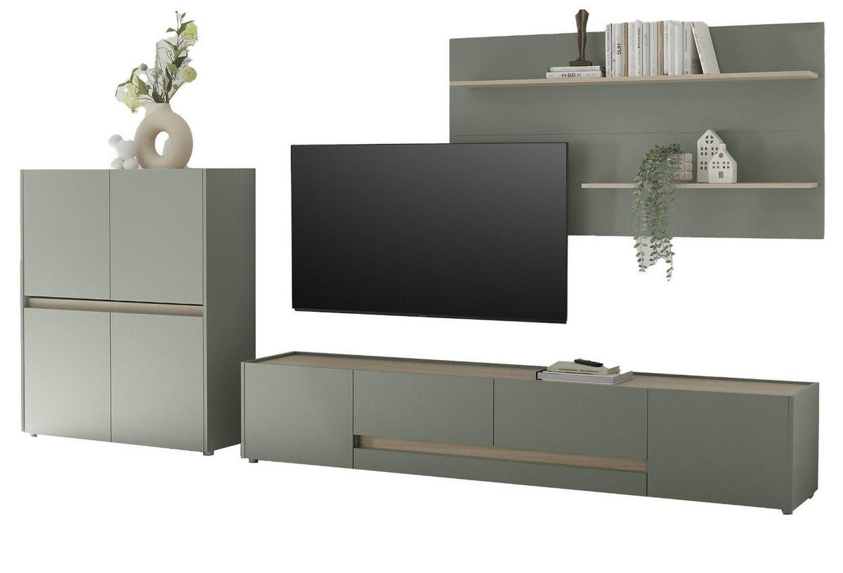 WOHNWAND 3-teilig Salbei grün, Barista Eiche 343 cm, Wohnkombination in modernem Design - Salbeigrün/Eichefarben, Holzwerkstoff/Kunststoff (343/180/45cm) - Furn.Design