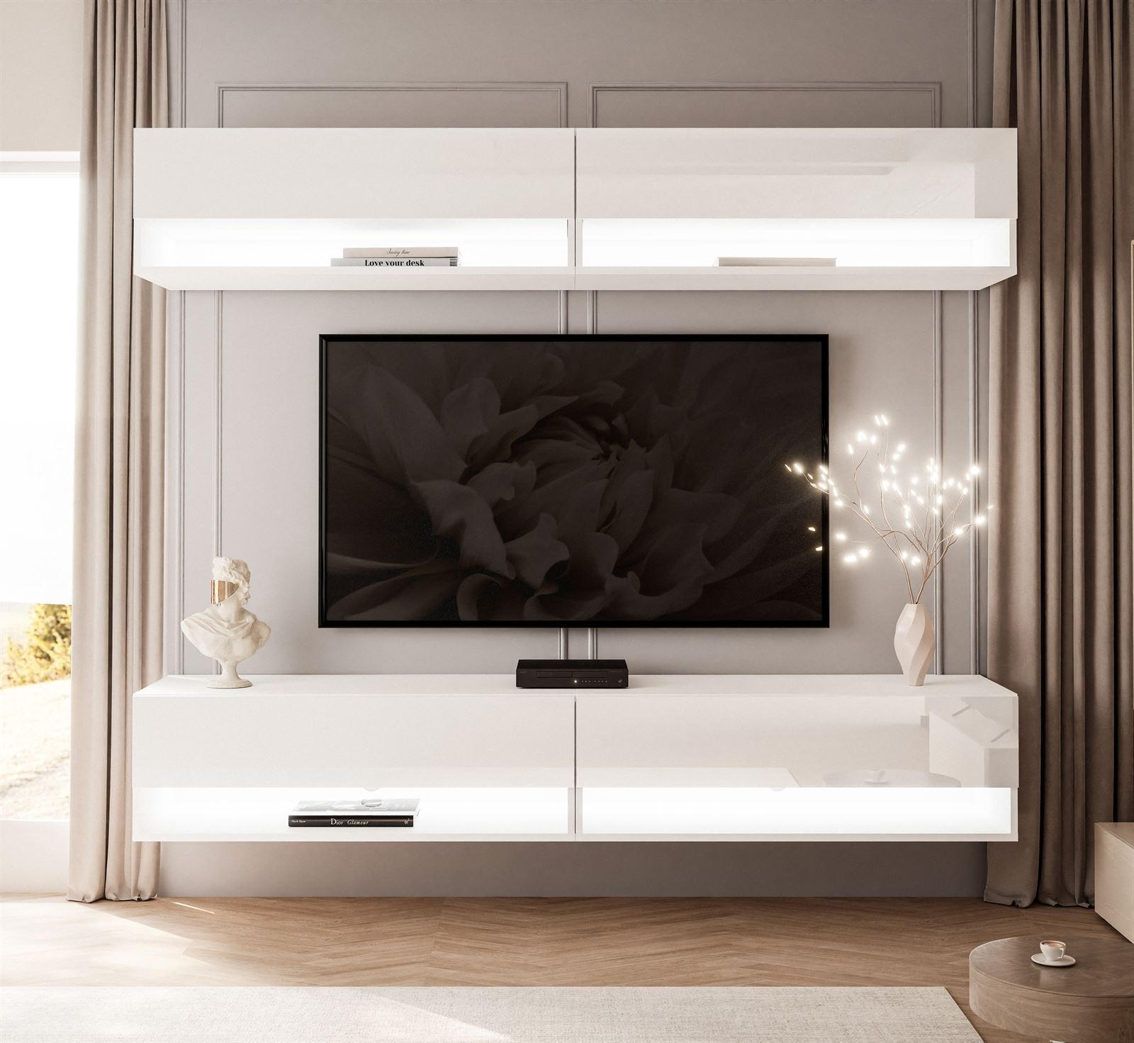 WOHNWAND Calante mit LED-Beleuchtung - Weiß Hochglanz, Holzwerkstoff (180/30/35cm) - Lookway