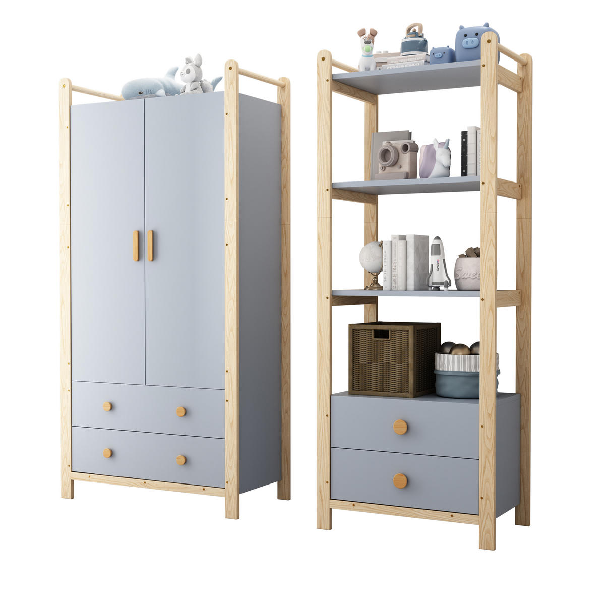 GARDEROBEN SET 180cm Höhe Blau + Natur Fichte Garderobe + Regal - Multicolor, Holz (44/180.5/160cm) - FLIEKS