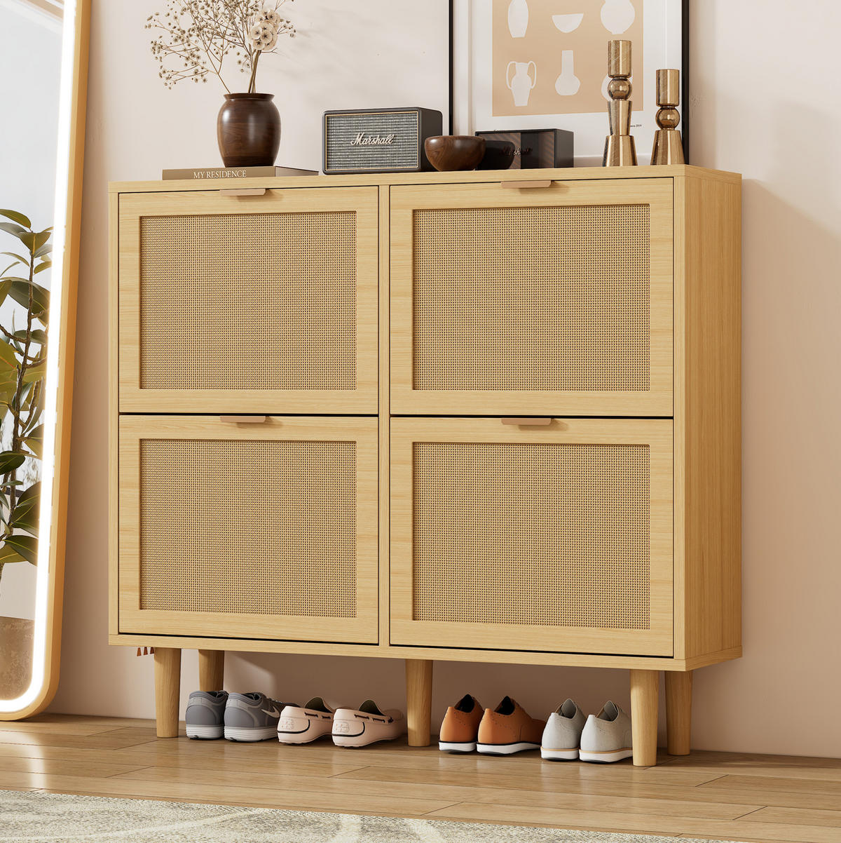 SCHUHSCHRANK 100/25/90 cm eichefarben aus Spanplatte mit Rattanfronten und 4 Klappen - Naturfarben, Holzwerkstoff (100/90/25cm) - OKWISH