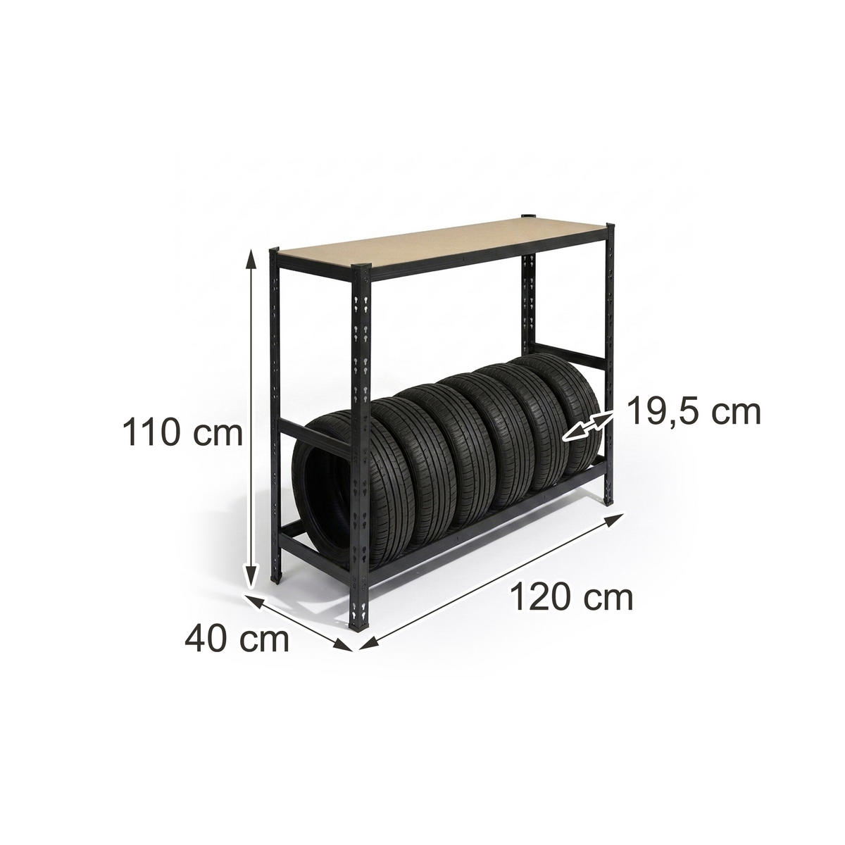 STOJAN na pneu - černá, kov/kompozitní dřevo (120/110/40cm) - Relaxdays
