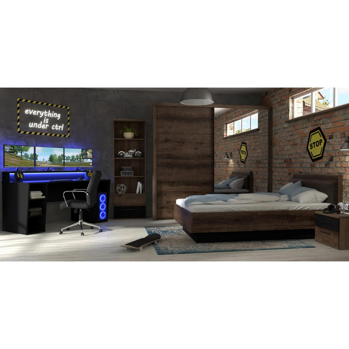 JUGENDZIMMER Tezaur "Jacky" in Schlammeiche, Schwarz und Schwarzeiche 7 teilig Gamingzimmer mit RGB LED - Braun, Holzwerkstoff (120/200/80cm)
