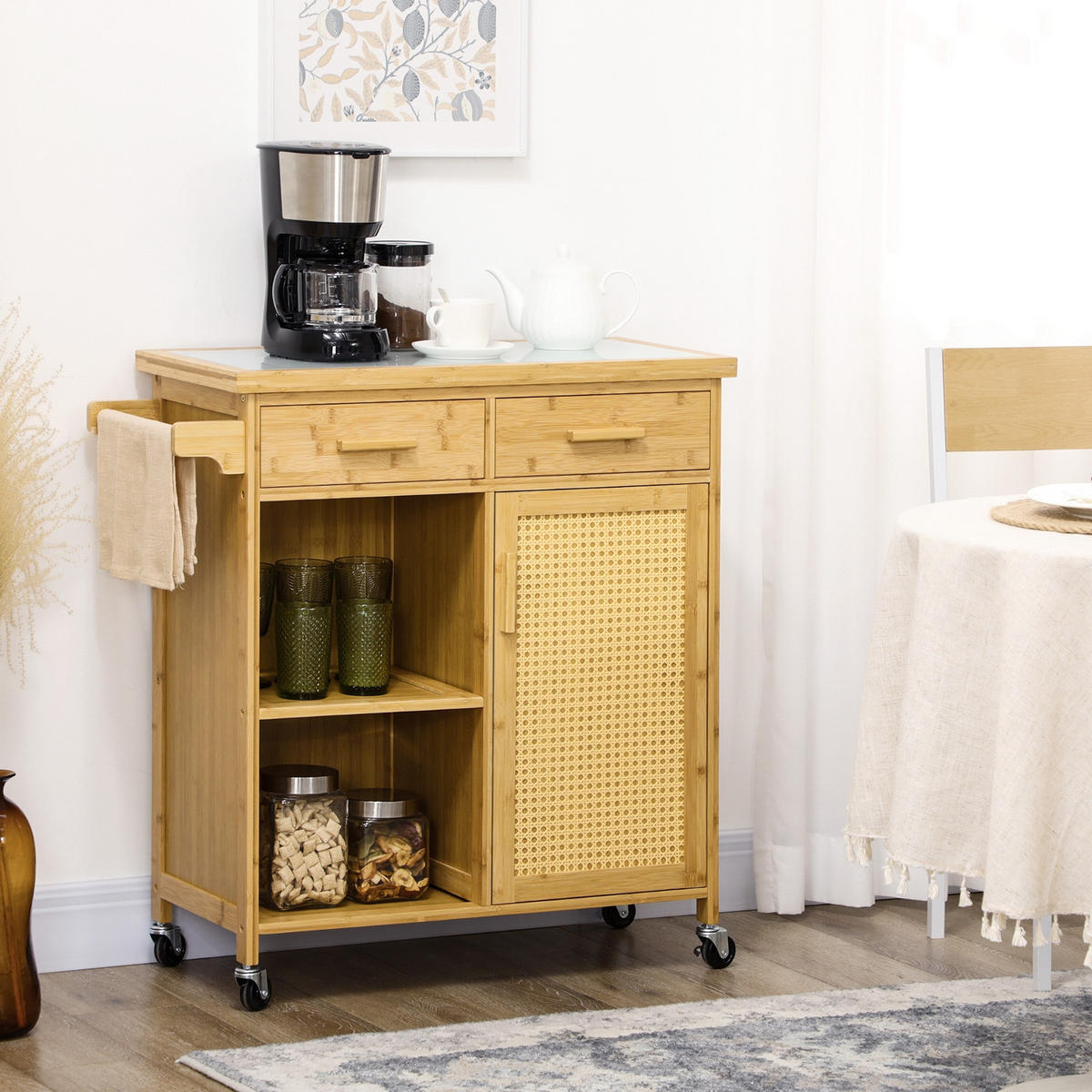 KÜCHENINSEL Servierwagen mit Schublade und Schrank, MIT GLASPLATTE, 84/36/85 cm - Naturfarben, Holzwerkstoff (36/85/84cm) - Rolipo