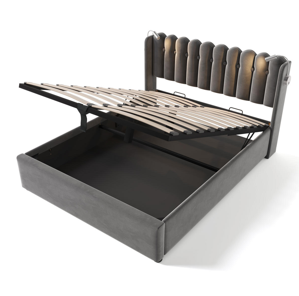 POLSTERBETT mit Bettkasten, USB und Leselicht 140x200 cm Samt Grau inkl. Matratze - Grau, Metall (140/200cm) - Meubliv