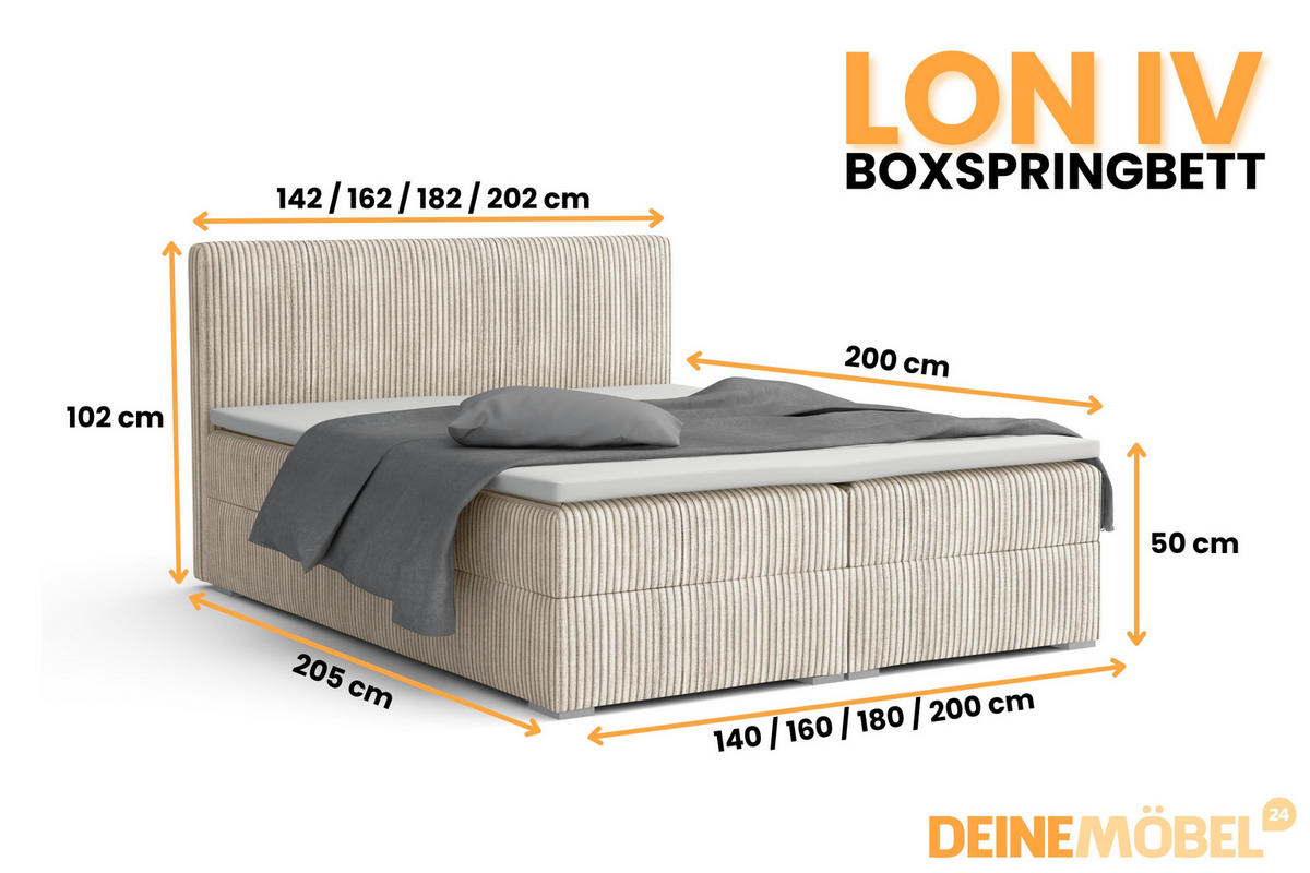 BOXBETT LON IV 200/200 in Cord Creme H4 - Creme, Holz/Holzwerkstoff (200/200cm) - Deine Möbel 24