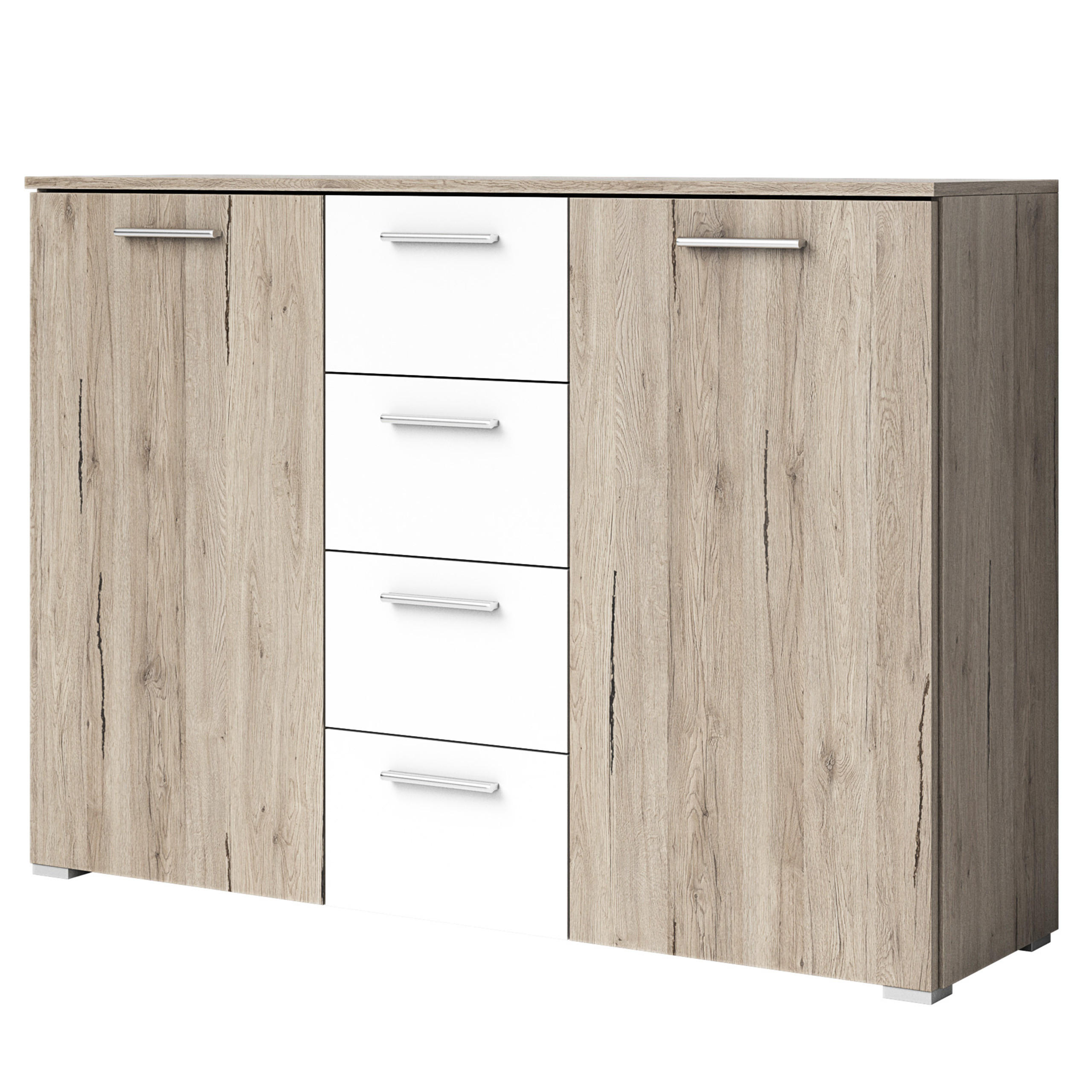 SIDEBOARD BETTINA 132/94/38 cm mit 4 Schubladen und 2 Türen Eiche San Remo - Weiß/Eiche San Remo, Holzwerkstoff (132/94cm) - MASSENO