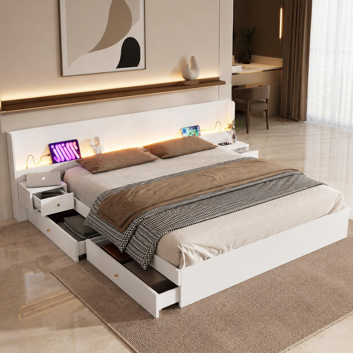 JUGENDBETT 180/200 mit LED, USB, Steckdose und 2 Nachttischen in Weiß - Weiß, Holzwerkstoff (180/200cm) - EVRYAE