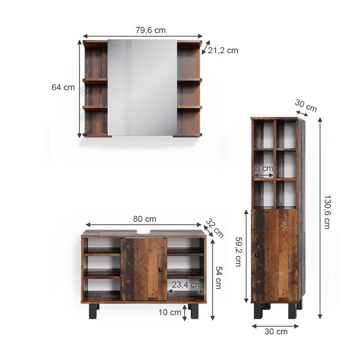 BADMÖBEL-SET Fynn Eiche rustikal 3 Teile, mit Midischrank Tür groß - Wildeiche, Holzwerkstoff (60/54/32cm) - Vicco