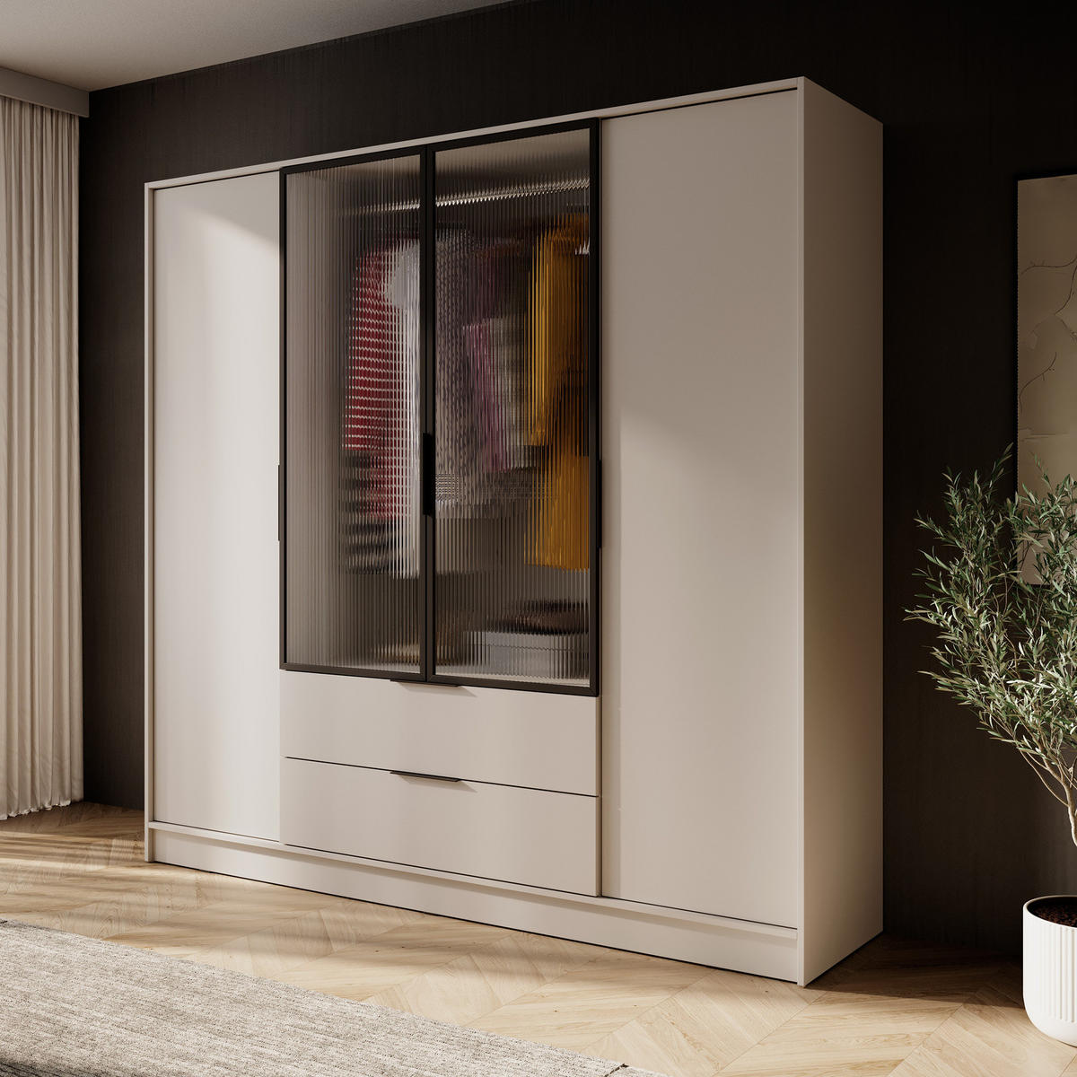 KLEIDERSCHRANK RICADI 4D RM (Kaschmir, Riffelglas, 4 Türen, 2 Schubladen, Kunststoffgriffe) - Kaschmir/Schwarz, Holz/Holzwerkstoff (206/200/51cm) - Ravio