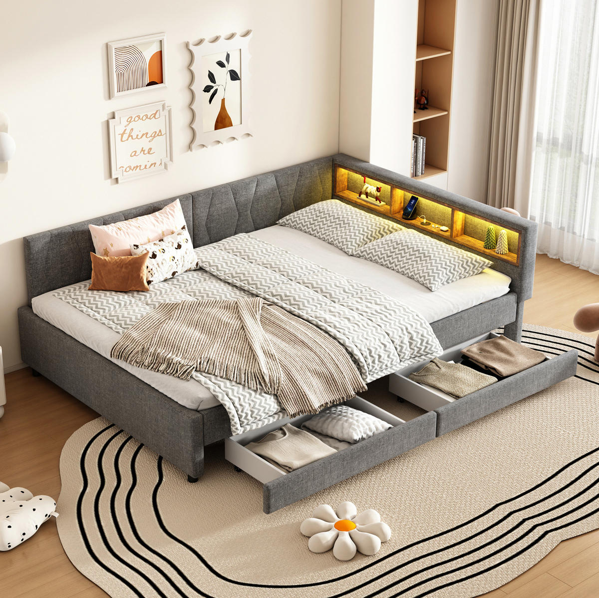 POLSTERBETT 140/200 cm Grau aus Leinen mit LED-Beleuchtung und Stauraum - Grau, Textil (140/200cm) - OKMYHOME