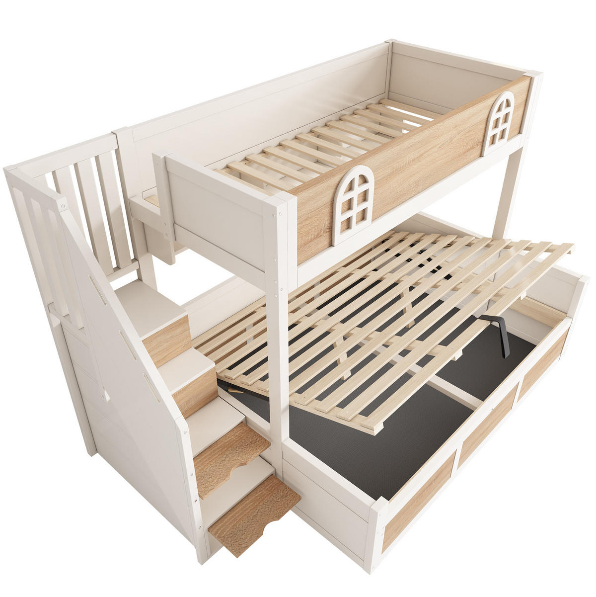 ETAGENBETT Holz 140x200 cm Weiß/Natur mit Treppenschrank, Stauraum und Lattenrosten - Weiß, Holz (140/200cm) - Modfu