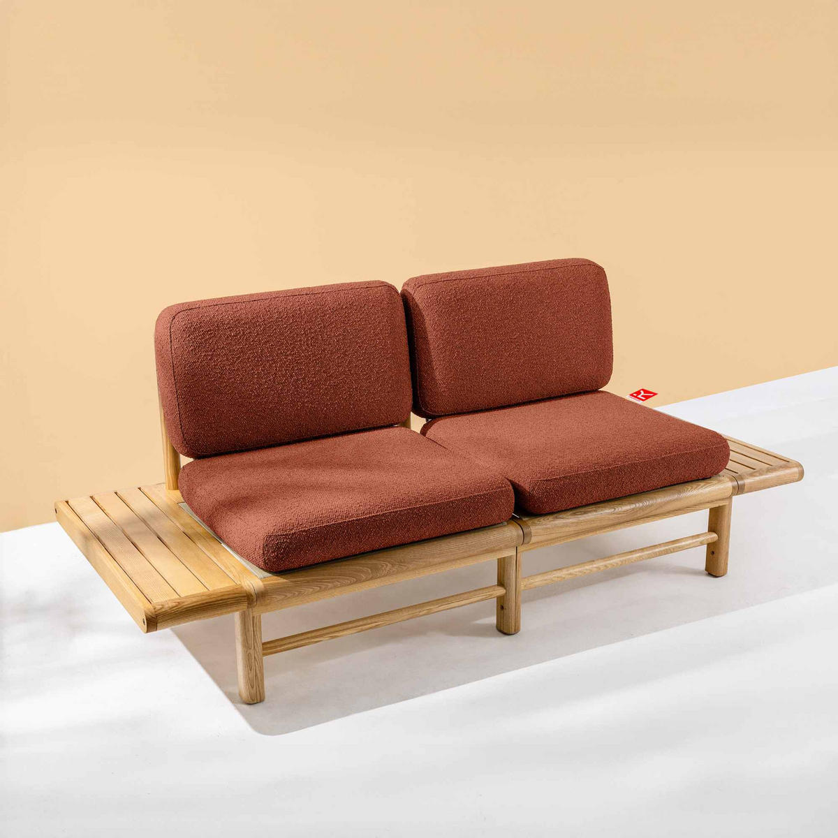 GARTENSOFA ATREDA 2-Sitzer, mit beideseitig Ablagen - Orange, Holz/Textil (190/74/80cm) - KONSIMO®