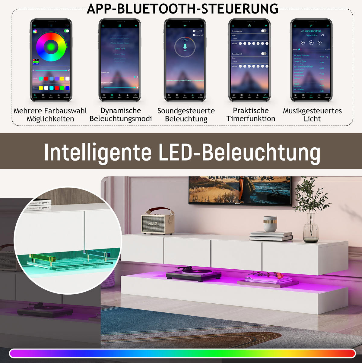 TV-ELEMENT wandhängend 130 x 33 cm MDF White mit LED-Beleuchtung - Weiß, Holzwerkstoff (33/15/130cm) - Beauniv