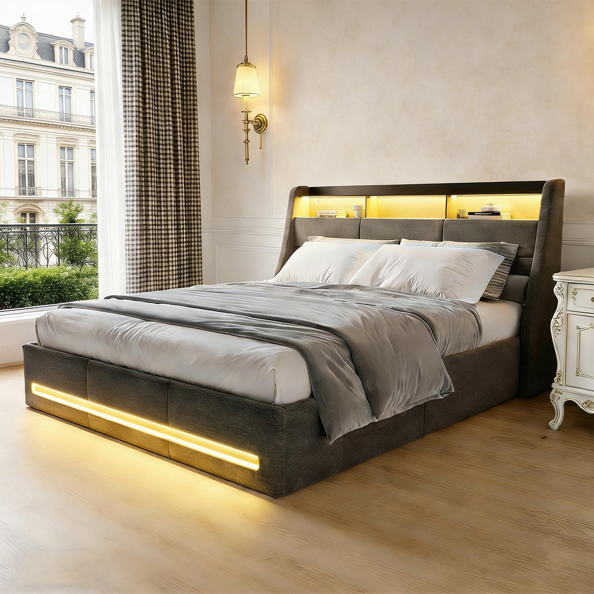 POLSTERBETT 140x200 cm mit Bettkasten, Doppelbett 140x200 cm mit LED und USB, Stauraumbett mit Hydraulik, Grau Leinenstoff - Grau, Glas/Holzwerkstoff (140/200cm) - GENKI LIVING