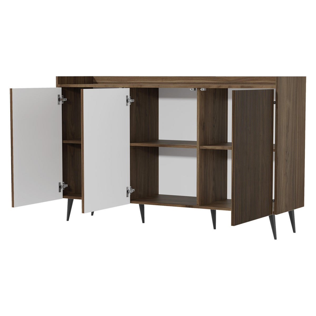 KOMODA Amfali se 3 dveřmi, drážkovaná čela, systém Push-to-open, kovové nohy, 150 cm, ořechová barva - černá/barva vlašského ořechu, kov/kompozitní dřevo (150/92/41cm) - Beautysofa