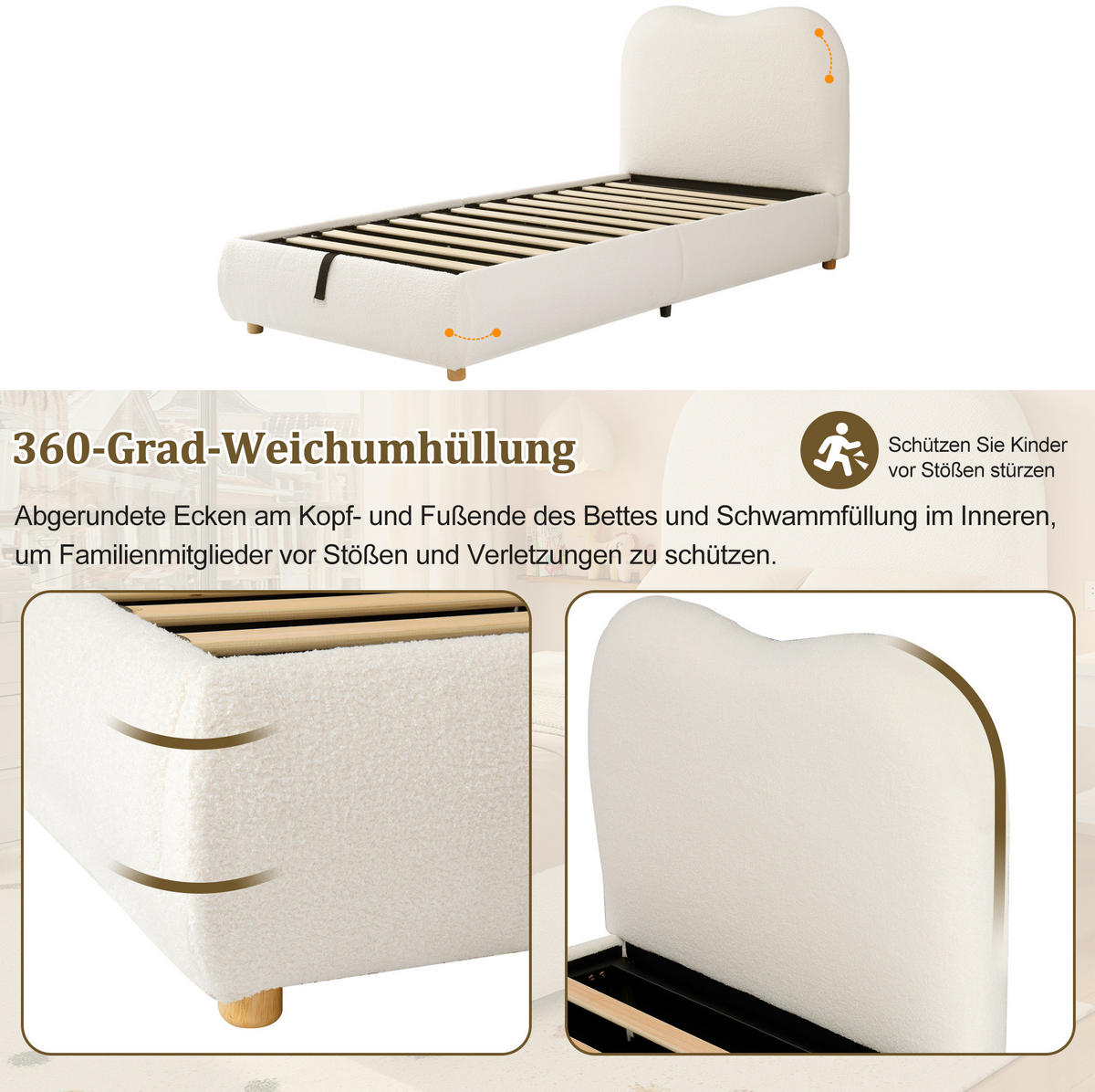 KINDERBETT 90/200 cm aus Bouclé mit Stauraum und Lattenrost Beige - Beige, Textil (90/200cm) - Modenvie
