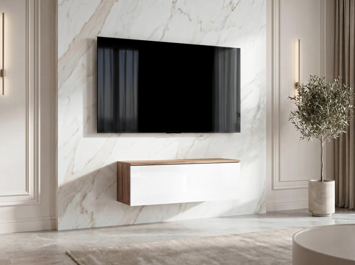 LOWBOARD Barvo 100 Eiche Wotan / Weiß Hochglanz 100/34/32 cm – hängendes TV-Board - Braun/Weiß, Holzwerkstoff (100/34/32cm) - AX Living