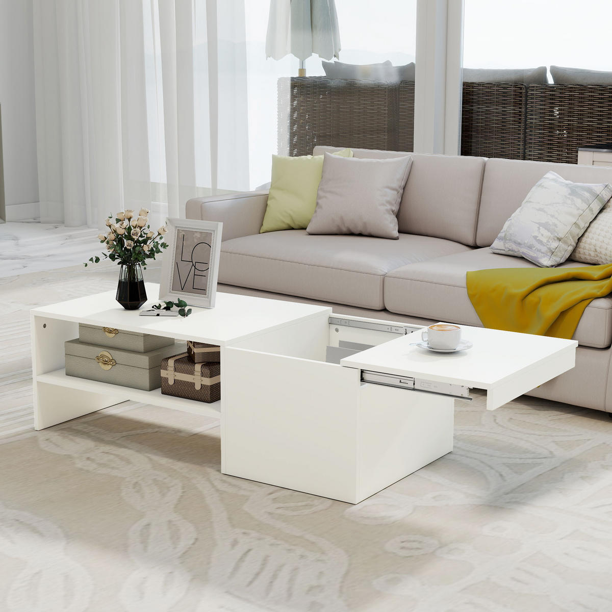 COUCHTISCH DE-08781 mit Schiebetisch & verstecktem Fach Weiß - Weiß, Holzwerkstoff (110/52/36cm) - ComfortXL