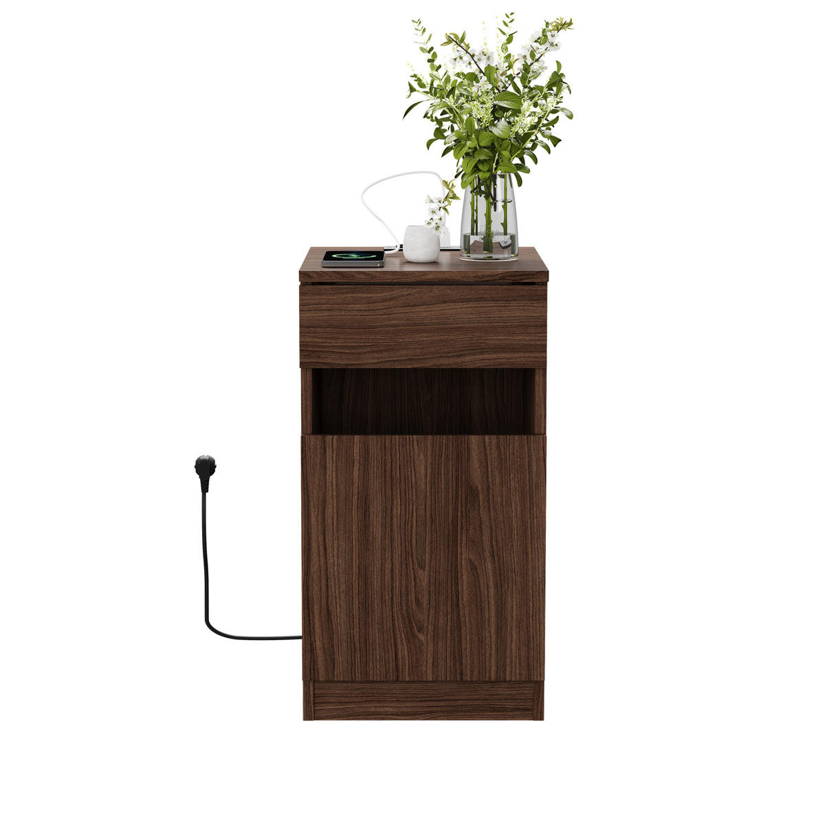 NACHTTISCH aus MDF 40x33x61,5 cm Braun mit USB-A, USB-C, Steckdose, Schublade und Mülleimer - Braun, Holzwerkstoff (33/61.5/40cm) - Modfu