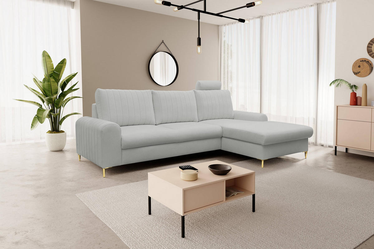 ECKSOFA VERONA R-S Hellgrau Geflochtener Stoff mit Schlaffunktion - Hellgrau, Holz (251/164cm) - MASSENO