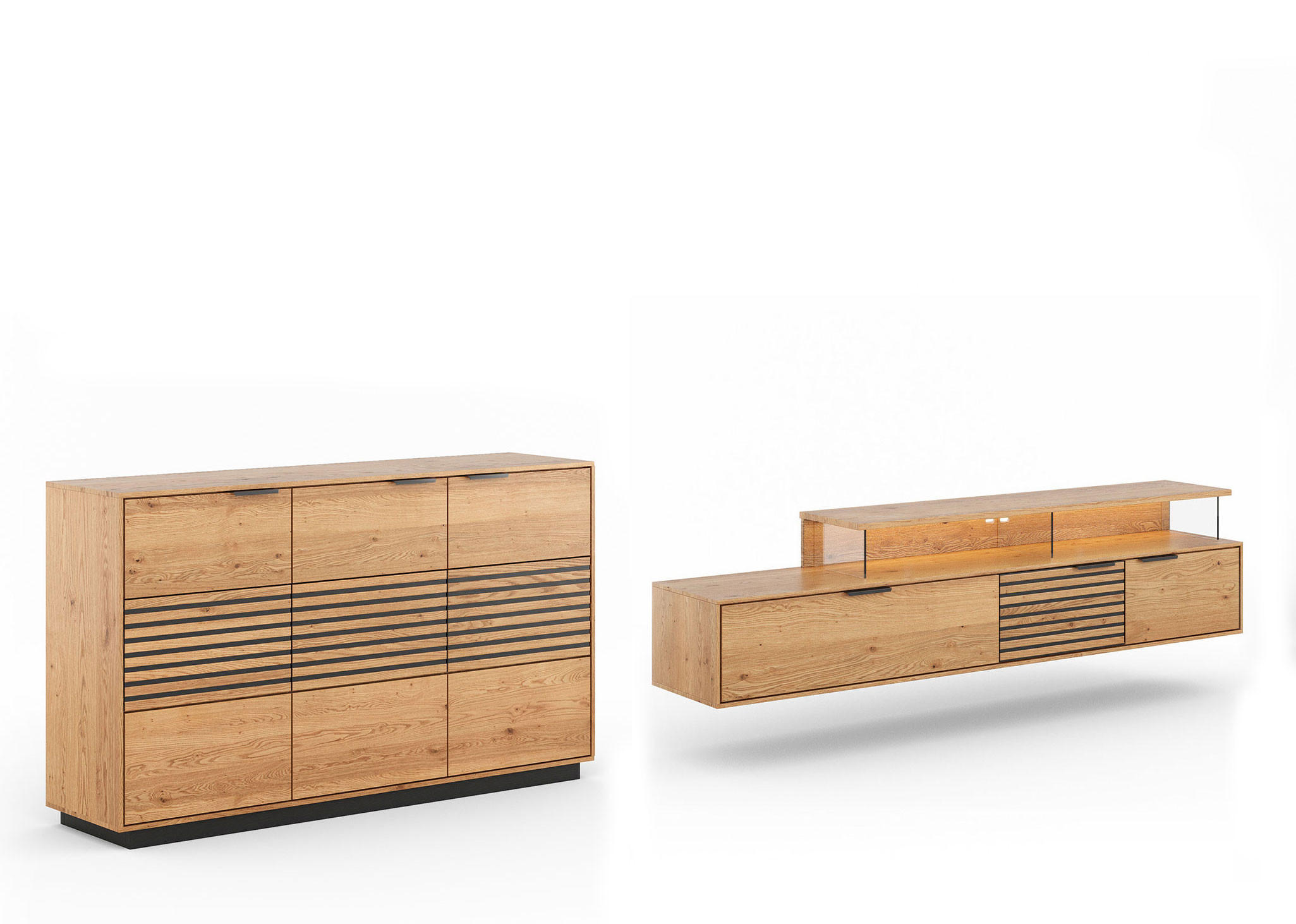 WOHNWAND Tirano 2er-Set Eiche Natur / Lamellen schwarz - Eichefarben/Multicolor, Holz/Metall (354/84/39cm) - Feldmann-Wohnen