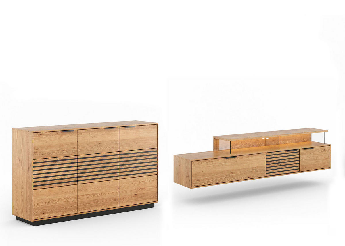 WOHNWAND Tirano 2er-Set Eiche Natur / Lamellen schwarz - Eichefarben/Multicolor, Holz/Metall (354/84/39cm) - Feldmann-Wohnen