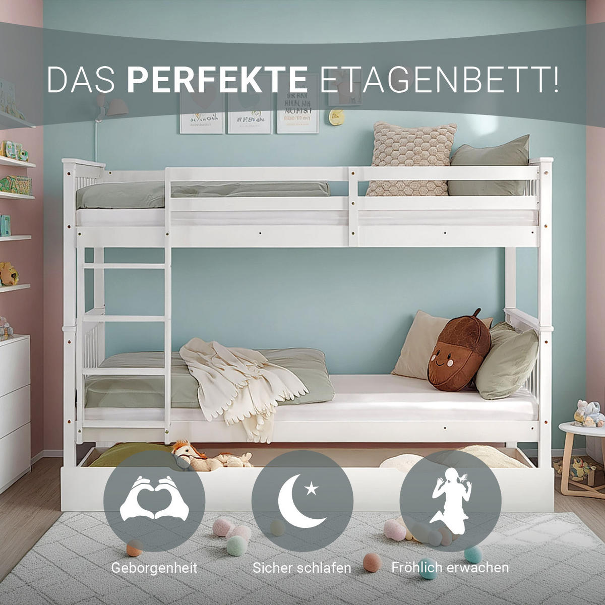 ETAGENBETT mit Matratze Bettkasten 90/200 cm Weiß - Weiß, Holz (90/200cm) - Homestyle4u