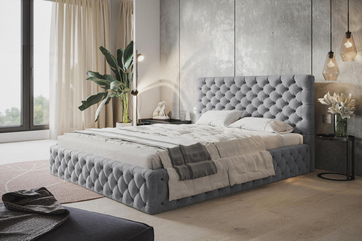 BETT 120x200 - Polsterbett mit Bettkasten und Holzrahmen - Elegant Betten - Weicher Jasminstoff - Kollektion Miami, Grau - AlpiMeble - Grau, Holz/Kunststoff (120/200cm) - Alpi-Möbel