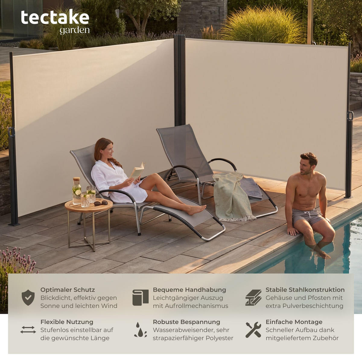 DOPPEL-SEITENMARKISE , ausziehbar, mit Aufrollmechanismus, beige - Beige, Textil (600/200/9cm) - tectake