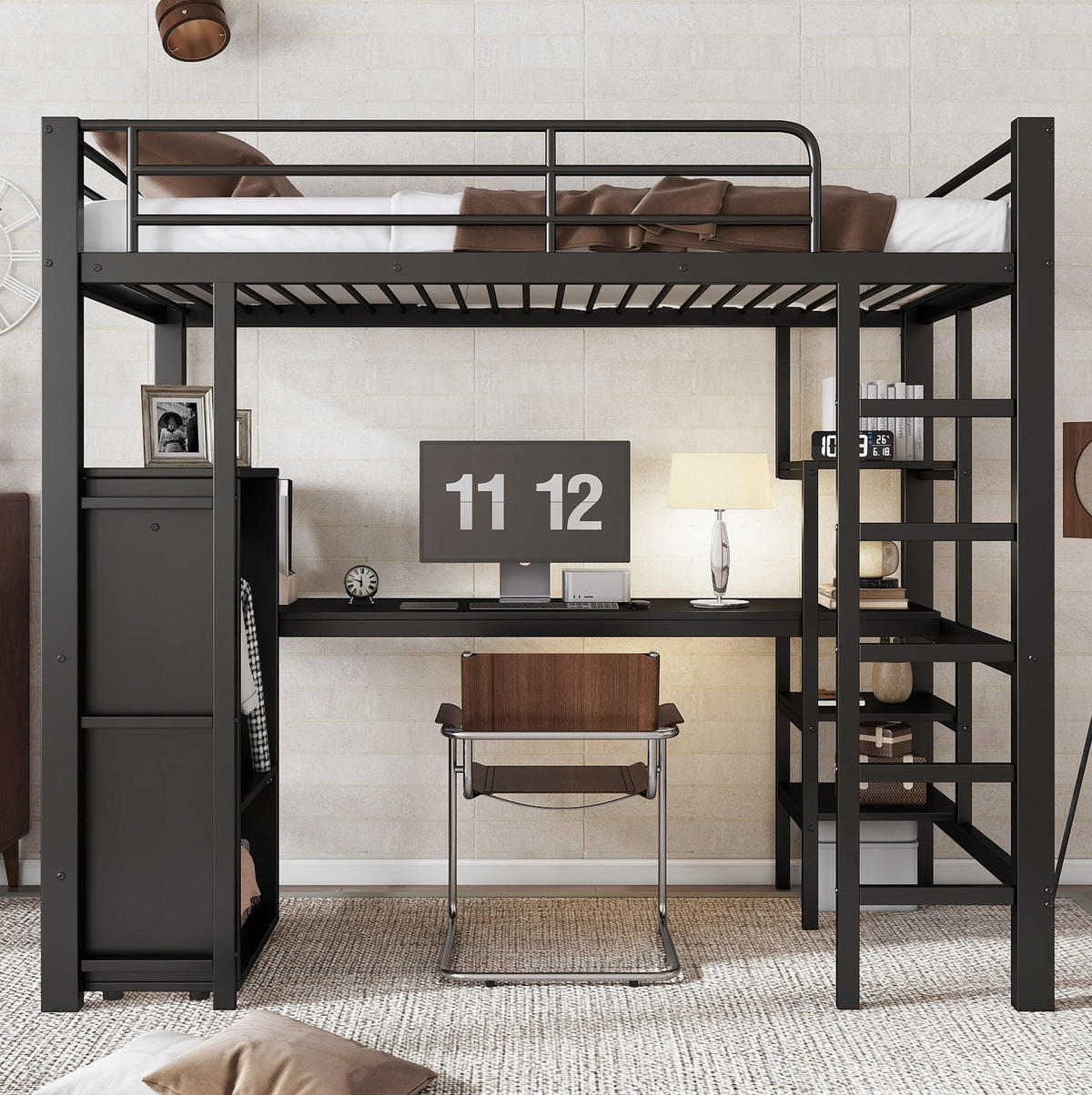 ETAGENBETT 90/200 cm schwarz aus Metall mit Schreibtisch und Stauraum - Schwarz, Metall (90/200cm) - OKWISH
