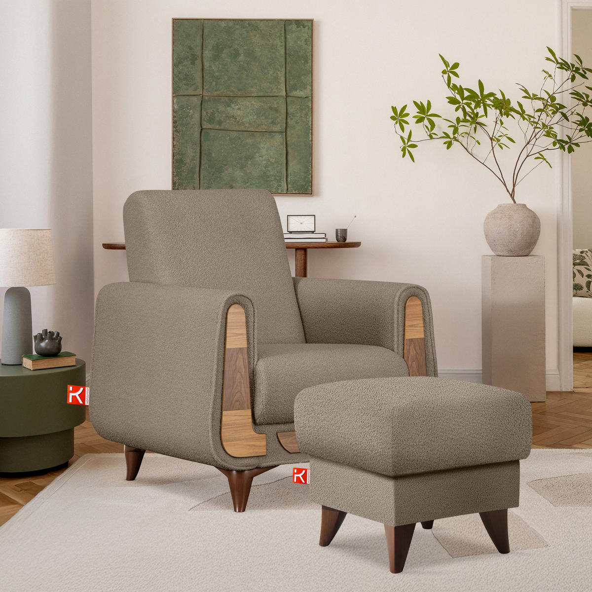 HOCKER GUSTAVO Fußstütze, Bouclé, Braun - Braun, Holz/Holzwerkstoff (53/49/53cm) - KONSIMO®